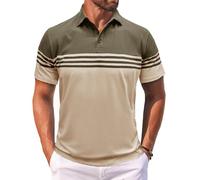 MakingDa Men’s Polo Shirts Short Sleeve Color Block Horizontal Stripes Summer Regular Fit Buttons Collared Shirts Classic Casual Golf Work Lightweight Tee Tops Green Beige XXXL