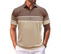 MakingDa Men’s Polo Shirts Short Sleeve Color Block Horizontal Stripes Summer Regular Fit Buttons Collared Shirts Classic Casual Golf Work Lightweight Tee Tops Khaki Beige L