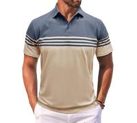 MakingDa Men’s Polo Shirts Short Sleeve Color Block Horizontal Stripes Summer Regular Fit Buttons Collared Shirts Classic Casual Golf Work Lightweight Tee Tops Light Blue Beige L