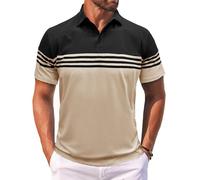 MakingDa Men’s Polo Shirts Short Sleeve Color Block Horizontal Stripes Summer Regular Fit Buttons Collared Shirts Classic Casual Golf Work Lightweight Tee Tops Black Beige XXXL