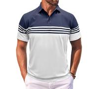 MakingDa Men’s Polo Shirts Short Sleeve Color Block Horizontal Stripes Summer Regular Fit Buttons Collared Shirts Classic Casual Golf Work Lightweight Tee Tops Navy Blue White L