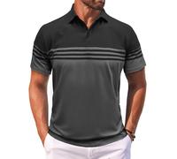 MakingDa Men’s Polo Shirts Short Sleeve Color Block Horizontal Stripes Summer Regular Fit Buttons Collared Shirts Classic Casual Golf Work Lightweight Tee Tops Black Grey L