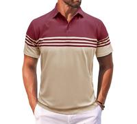 MakingDa Men’s Polo Shirts Short Sleeve Color Block Horizontal Stripes Summer Regular Fit Buttons Collared Shirts Classic Casual Golf Work Lightweight Tee Tops Red Beige XXL