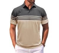 MakingDa Men’s Polo Shirts Short Sleeve Color Block Horizontal Stripes Summer Regular Fit Buttons Collared Shirts Classic Casual Golf Work Lightweight Tee Tops Grey Beige L