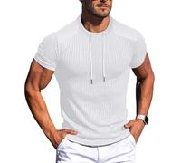 MakingDa Men’s T Shirt Short Sleeve Knitted Drawstring Regular Fit Tshirts Summer Plain Classic Casual Muscle Crew Neck Work Tee Top White M