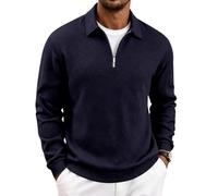 MakingDa Mens 1/4 Zip Polo Neck Sweatshirt Long Sleeve Knitted Collared Pullover Winter Warm Quarter Zip Jumper Tops Casual Smart Golf-Dark Blue-S