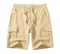 MakingDa Mens Cargo Shorts Cotton Gym Yoga Shorts Drawstrings Elastic Waist Pockets Running Work Home Beach Khaki XXL