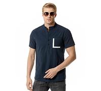 MakingDa Mens Cotton Linen Henley Shirt Summer Lightweight Short Sleeve Band Collar Casual Smart Button Down Single Breast Pocket Beach Shirts Tops-Dark Blue-S