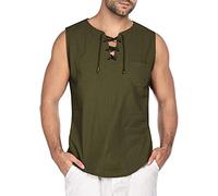 MakingDa Men's Cotton Linen Vest Smart Casual Sleeveless Cozy Scottish Jacobite T-Shirt Hippie Grandad Collar Nehru Shirts Baggy Light Plain Soft Ghillie Tank Top Work(ArmyGreen,M)