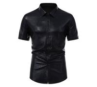 MakingDa Men's Dress Shirt Rhombus Bronzing Print Short Sleeve Button Down Shirts 70s Disco Party Costume-Z-Black-M