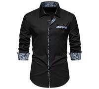 MakingDa Mens Dress Shirts Long Sleeve Fitted Casual Smart Formal Button Down Shirt with Inner Contrast Paisley Patterned for Wedding Party Business-A355-Black-XL