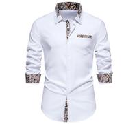 MakingDa Mens Dress Shirts Long Sleeve Fitted Casual Smart Formal Button Down Shirt with Inner Contrast Paisley Patterned for Wedding Party Business-A354-White-M