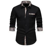 MakingDa Mens Dress Shirts Long Sleeve Fitted Casual Smart Formal Button Down Shirt with Inner Contrast Paisley Patterned for Wedding Party Business-A354-Black-XL