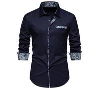 MakingDa Mens Dress Shirts Long Sleeve Fitted Casual Smart Formal Button Down Shirt with Inner Contrast Paisley Patterned for Wedding Party Business-A355-Dark Blue-S