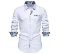MakingDa Mens Dress Shirts Long Sleeve Fitted Casual Smart Formal Button Down Shirt with Inner Contrast Paisley Patterned for Wedding Party Business-A355-White-2XL