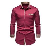 MakingDa Mens Dress Shirts Long Sleeve Fitted Casual Smart Formal Button Down Shirt with Inner Contrast Checked Patterned for Wedding Party Business-Burgundy-M