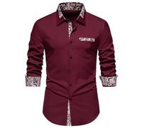 MakingDa Mens Dress Shirts Long Sleeve Fitted Casual Smart Formal Button Down Shirt with Inner Contrast Paisley Patterned for Wedding Party Business-A354-Burgundy-L