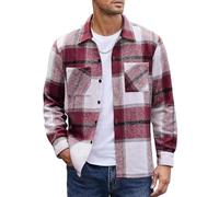 MakingDa Mens Flannel Shirt Long Sleeve Warm Thick Checked Shirt Button Down Casual Winter Plaid Shirts with Pockets Regular Fit Lapel Collar Check Shirt Jacket Smart Casual Work Shacket Red XL