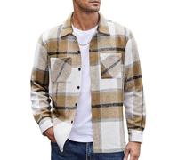 MakingDa Mens Flannel Shirt Long Sleeve Warm Thick Checked Shirt Button Down Casual Winter Plaid Shirts with Pockets Regular Fit Lapel Collar Check Shirt Jacket Smart Casual Work Shacket Khaki 3XL
