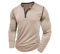MakingDa Mens Henley Shirts Long Sleeve Button Vintage Solid Golf Regular Fit Grandad Shirt Casual Classic Soft Breathable Lightweight Workwear Gym Smart Tops Khaki M