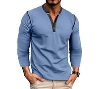 MakingDa Mens Henley Shirts Long Sleeve Button Vintage Solid Golf Regular Fit Grandad Shirt Casual Classic Soft Breathable Lightweight Workwear Gym Smart Tops Blue XL