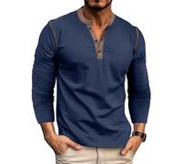 MakingDa Mens Henley Shirts Long Sleeve Button Vintage Solid Golf Regular Fit Grandad Shirt Casual Classic Soft Breathable Lightweight Workwear Gym Smart Tops Dark Blue S