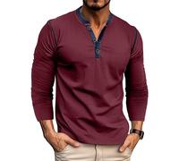 MakingDa Mens Henley Shirts Long Sleeve Button Vintage Solid Golf Regular Fit Grandad Shirt Casual Classic Soft Breathable Lightweight Workwear Gym Smart Tops Red S