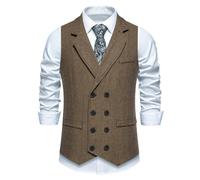 MakingDa Men's Herringbone Tweed Suit Vest V Neck Classic Casual Business Sleeveless Vintage Lapel Double Breasted Waistcoat for Formal & Informal Occasions-Coffee-M