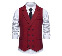 MakingDa Men's Herringbone Tweed Suit Vest V Neck Classic Casual Business Sleeveless Vintage Lapel Double Breasted Waistcoat for Formal & Informal Occasions-Wine Red-L