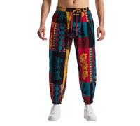 MakingDa Mens Hippy Trousers Baggy Cotton Boho Patterned Harem Pants | Bohemian Colourful Printed, Funky Hippie Clothes, Cuffed, Elastic Waist with Drawstring, 2 Pockets, for Lounge, Yoga, Beach