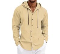 MakingDa Mens Hooded Shirt Linen Lightweight Summer Thin Long Sleeve Hoodie | Casual Smart, Button Down Beach Tops with hood, Loose Fit, Plain Hoody, Breathable, Comfy, Moisture-wicking