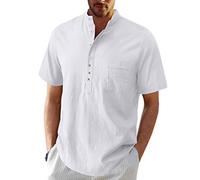MakingDa Mens Linen Cotton Henley Shirts with Pocket Short Sleeve Button Fashion Loose Type Grandad Shirt Summer Plain Comfortable Classic Lightweight Beach Holiday Casual Smart Tops White XL