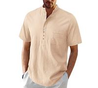 MakingDa Mens Linen Cotton Henley Shirts with Pocket Short Sleeve Button Fashion Loose Type Grandad Shirt Summer Plain Comfortable Classic Lightweight Beach Holiday Casual Smart Tops Apricot XL