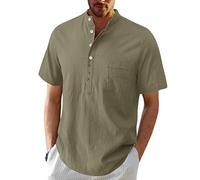 MakingDa Mens Linen Cotton Henley Shirts with Pocket Short Sleeve Button Fashion Loose Type Grandad Shirt Summer Plain Comfortable Classic Lightweight Beach Holiday Casual Smart Tops Green M
