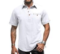 MakingDa Mens Linen Polo Shirts Short Sleeve Cotton Summer Casual Smart Regular Fit Golf Hawaiian Beach Collared T Shirts Tops with Pocket-White-L