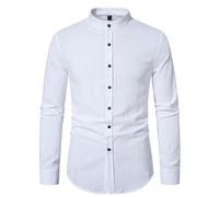 MakingDa Mens Linen Shirts Casual Button Down Henley Shirts Cotton Summer Beach Grandad Shirt-White-2XL