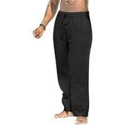 MakingDa Men's Linen Trousers Summer Yoga Pockets Loose Fit Casual Lightweight Drawstring Elasticated Waist Straight Wide Leg Lounge Pants Beach Breathable Soft Pyjama Bottoms Black 30 XL