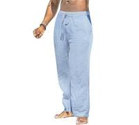 MakingDa Men's Linen Trousers Summer Yoga Pockets Loose Fit Casual Lightweight Drawstring Elasticated Waist Straight Wide Leg Lounge Pants Beach Breathable Soft Pyjama Bottoms Blue 32 2XL
