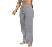 MakingDa Men's Linen Trousers Summer Yoga Pockets Loose Fit Casual Lightweight Drawstring Elasticated Waist Straight Wide Leg Lounge Pants Beach Breathable Soft Pyjama Bottoms Grey 36 4XL