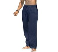 MakingDa Men's Linen Trousers Summer Yoga Pockets Loose Fit Casual Lightweight Drawstring Elasticated Waist Straight Wide Leg Lounge Pants Beach Breathable Soft Pyjama Bottoms Dark Blue 32 2XL