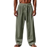 MakingDa Men's Linen Trousers Summer Yoga Pockets Loose Fit Casual Lightweight Drawstring Elasticated Waist Straight Wide Leg Lounge Pants Beach Breathable Soft Pyjama Bottoms Green 32 2XL