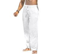 MakingDa Men's Linen Trousers Summer Yoga Pockets Loose Fit Casual Lightweight Drawstring Elasticated Waist Straight Wide Leg Lounge Pants Beach Breathable Soft Pyjama Bottoms White 28 L