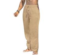 MakingDa Men's Linen Trousers Summer Yoga Pockets Loose Fit Casual Lightweight Drawstring Elasticated Waist Straight Wide Leg Lounge Pants Beach Breathable Soft Pyjama Bottoms Khaki 34 3XL