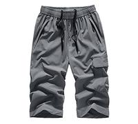 MakingDa Mens Long Shorts 3/4 Below Knee Light Thin Quick Dry Three Quarter Length Trousers Elastic Waist Multi Pockets Casual Jogger Sport Gym Running-Grey-3XL