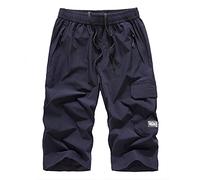 MakingDa Mens Long Shorts 3/4 Below Knee Light Thin Quick Dry Three Quarter Length Trousers Elastic Waist Multi Pockets Casual Jogger Sport Gym Running-Dark Blue-SL