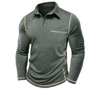 MakingDa Mens Polo Shirt Long Sleeve Chest Pocket Button Stitching Pullover Slim Fit Grandad Shirt Solid Soft Lightweight Casual Work Sweatshirt Green XXXL