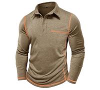 MakingDa Mens Polo Shirt Long Sleeve Chest Pocket Button Stitching Pullover Slim Fit Grandad Shirt Solid Soft Lightweight Casual Work Sweatshirt Khaki M