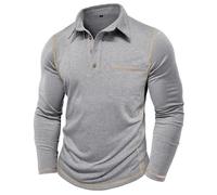 MakingDa Mens Polo Shirt Long Sleeve Chest Pocket Button Stitching Pullover Slim Fit Grandad Shirt Solid Soft Lightweight Casual Work Sweatshirt Grey L