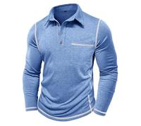 MakingDa Mens Polo Shirt Long Sleeve Chest Pocket Button Stitching Pullover Slim Fit Grandad Shirt Solid Soft Lightweight Casual Work Sweatshirt Blue M