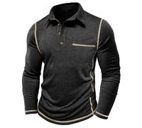 MakingDa Mens Polo Shirt Long Sleeve Chest Pocket Button Stitching Pullover Slim Fit Grandad Shirt Solid Soft Lightweight Casual Work Sweatshirt Black L